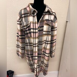 SHEIN Plaid Shacket in Pink, Brown, and Cream
